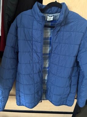 Men's Blue Quilted Puffer Jacket with Plaid Lining